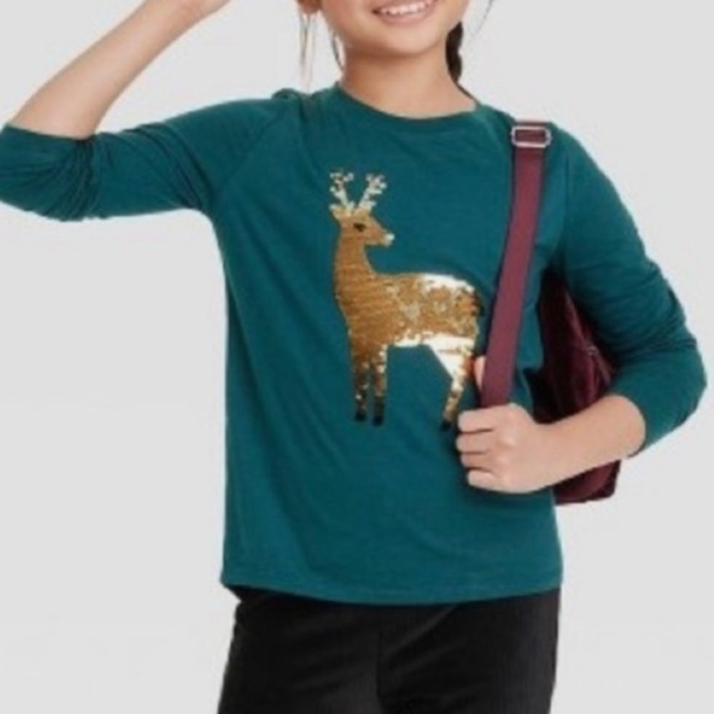 NWT SEQUIN DEER LONG SLEEVE TOP